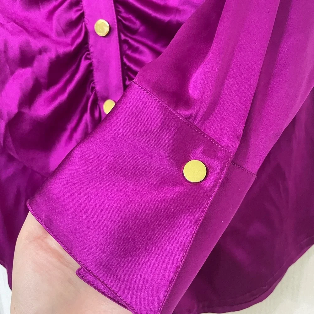 Cache Satin Ruched Button-Front Blouse - Magenta - Picture 3 of 4